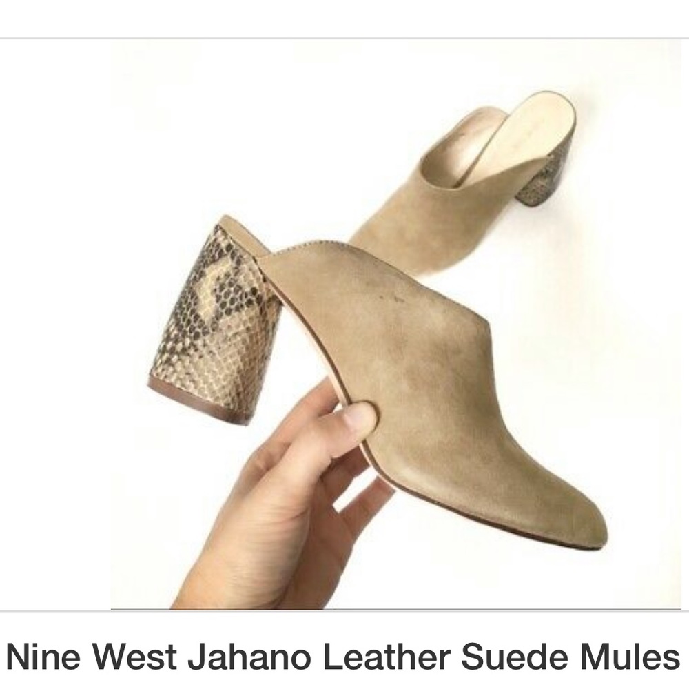 Nine West Taupe Suede Mules with Snakeskin Block Heel